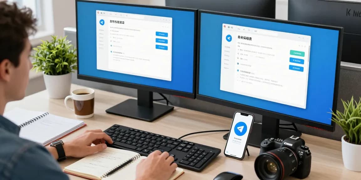 Setting up Telegram Chinese language on a tech workspace with dual monitors and smartphone.