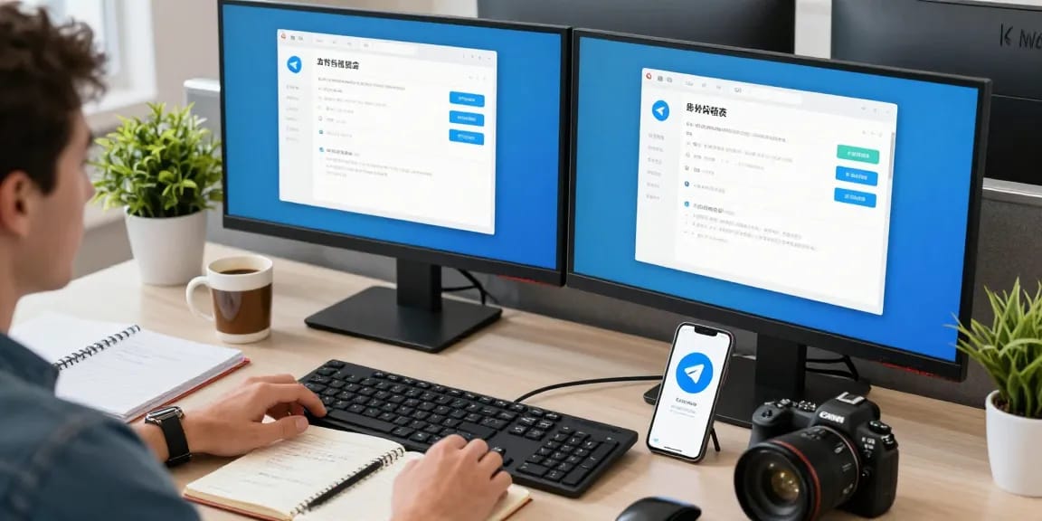 Setting up Telegram Chinese language on a tech workspace with dual monitors and smartphone.