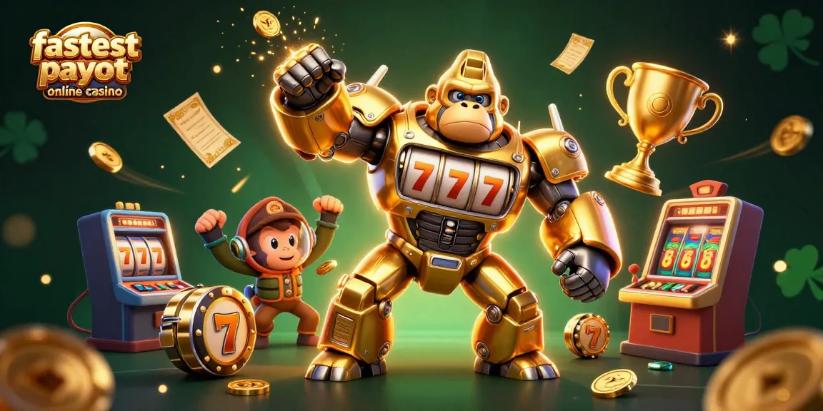 Experience the excitement of the fastest payout online casino with a dynamic 3D golden gorilla mech amid slot machines and coins.