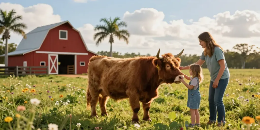 Mini cows for sale in Florida with a family petting a Mini Highland cow in a sunny pasture.