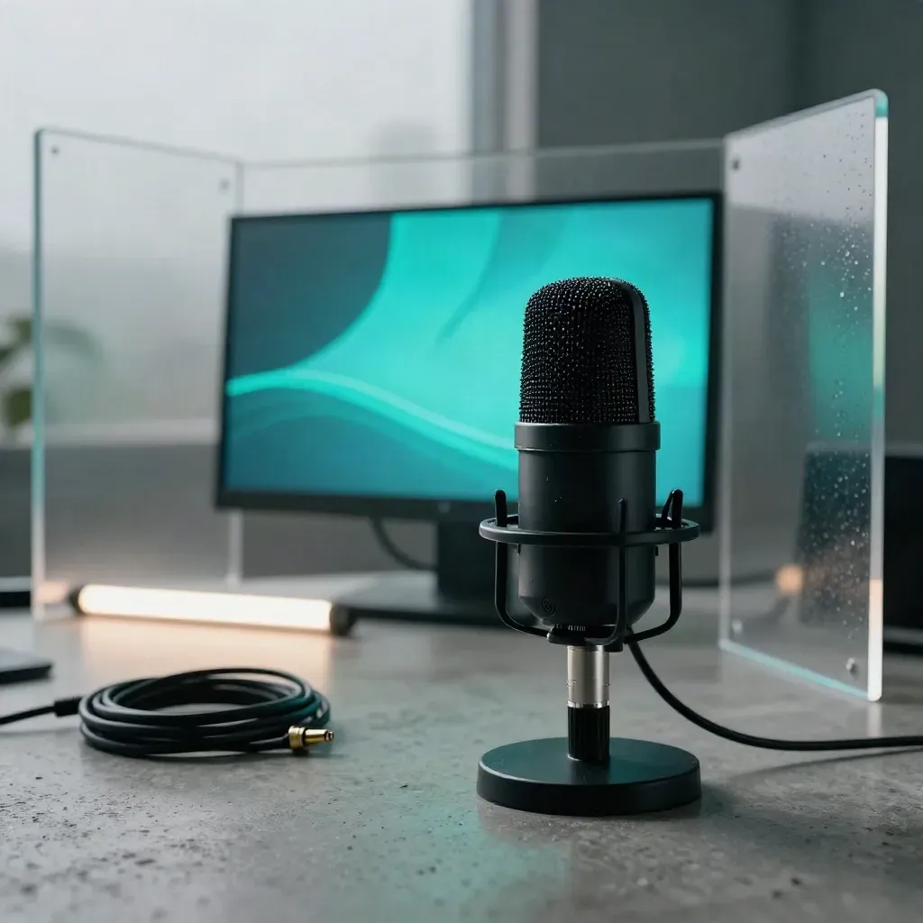 Podcast mic, motion screen and LED tube in a misty modern studio after rain.