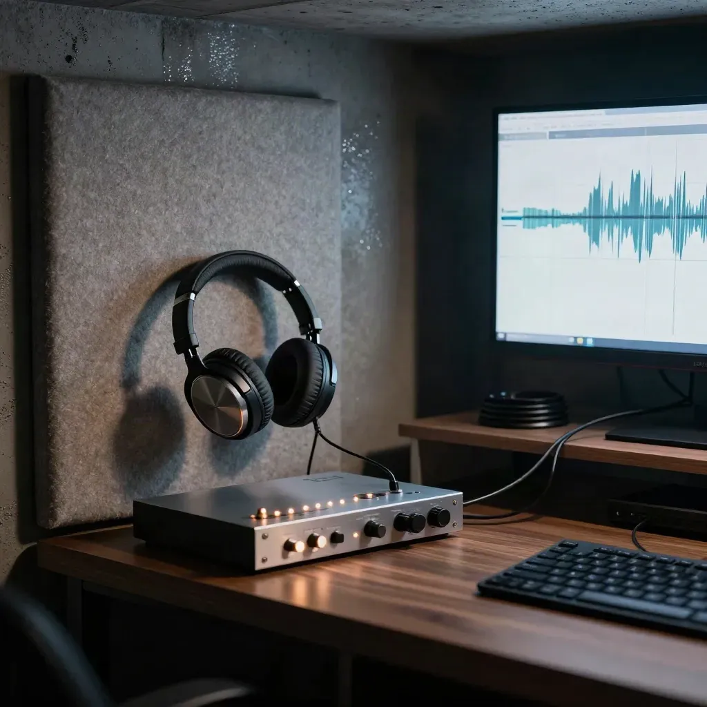 Basement podcast edit nook with headphones, audio interface, acoustic panel and waveform monitor.