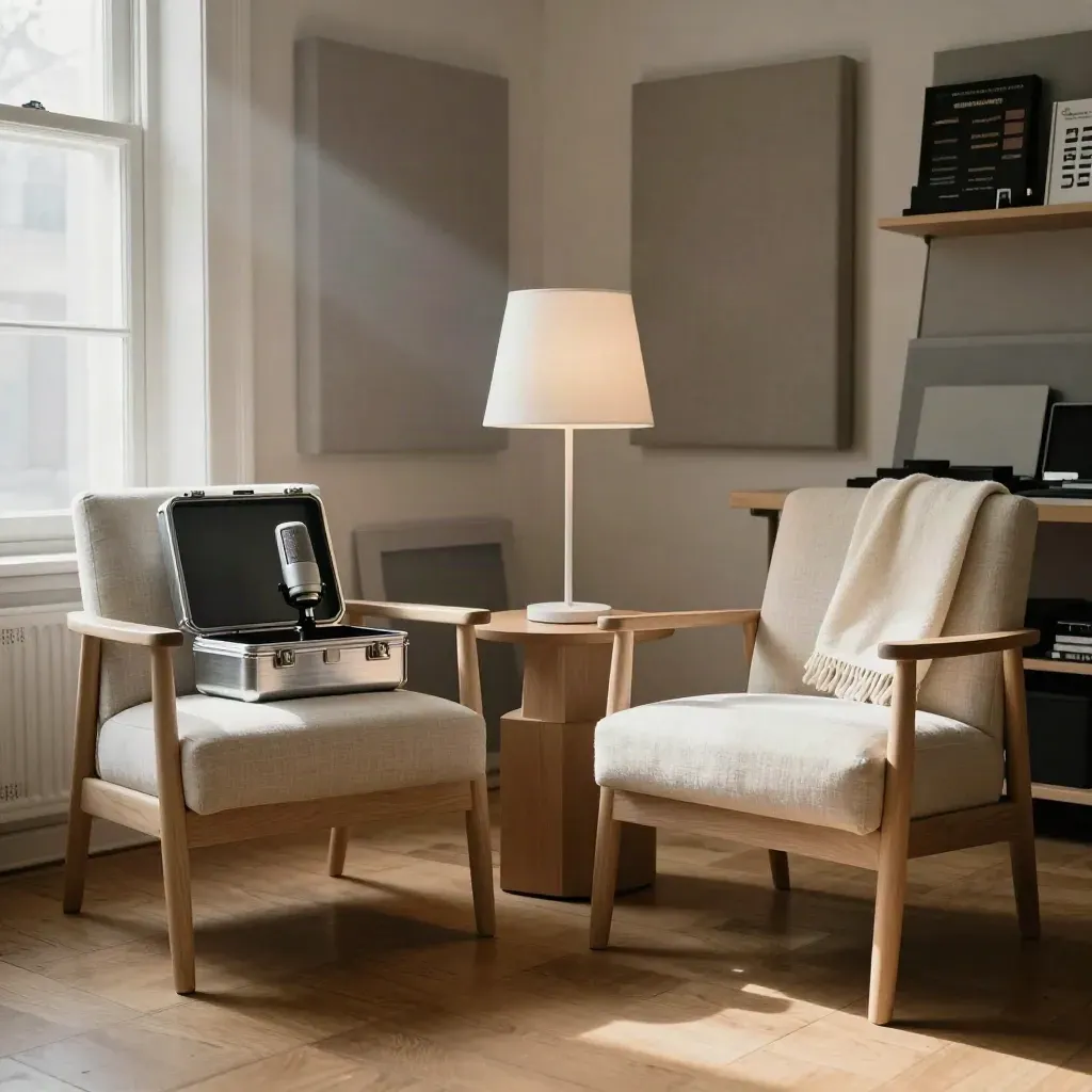Sunlit studio interview corner with two empty chairs, lamp, mic case and side table.