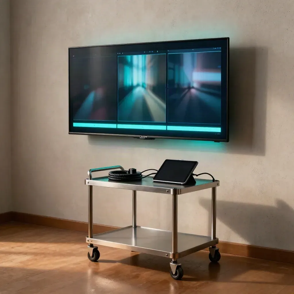 Motion ad preview panel glowing cyan on a utility cart in a modern studio
