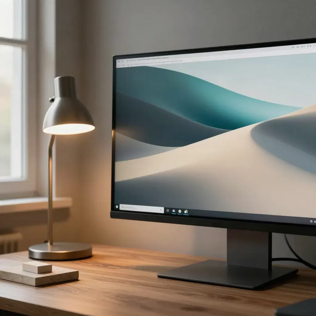 Ultrawide monitor glowing on a creative workstation beside a slim lamp and pale blocks.
