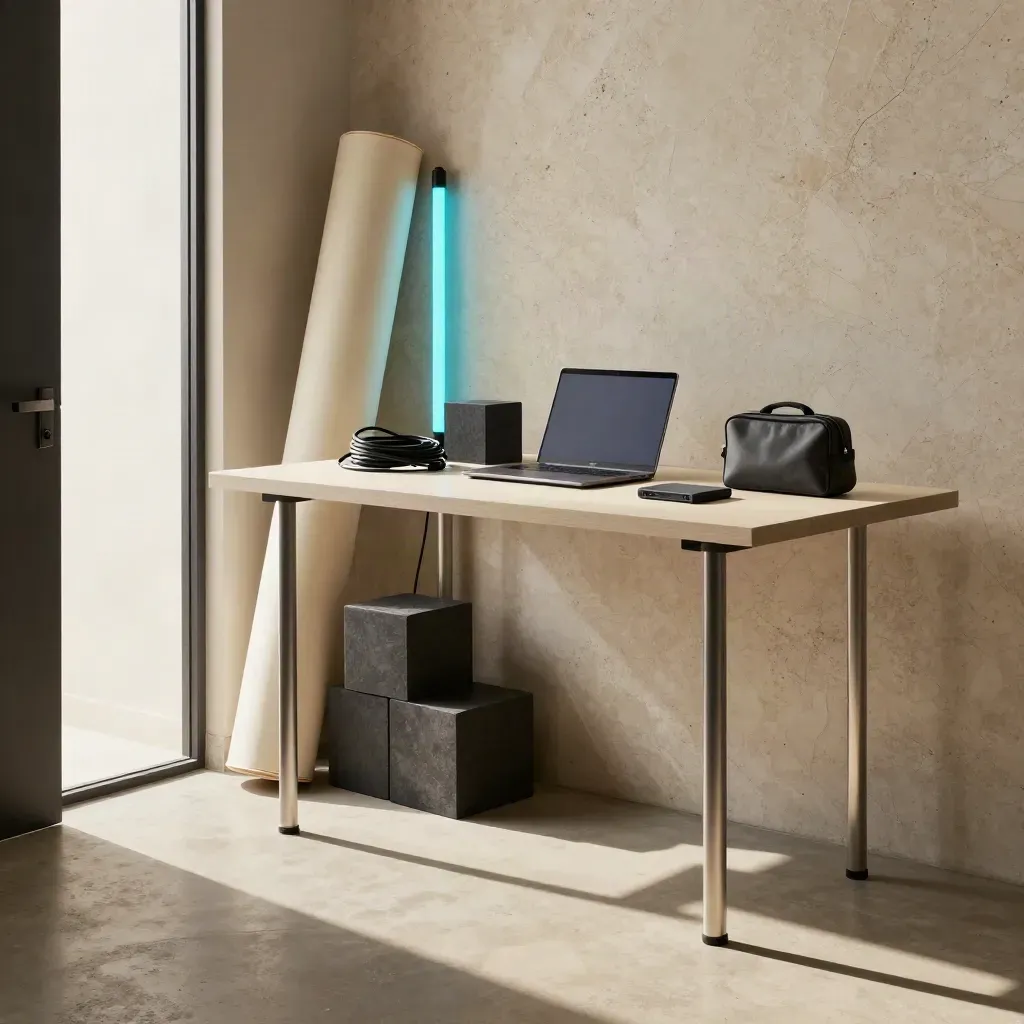 Launch kit staged in a bright studio with backdrop, LED tube, laptop, cubes, and gear.