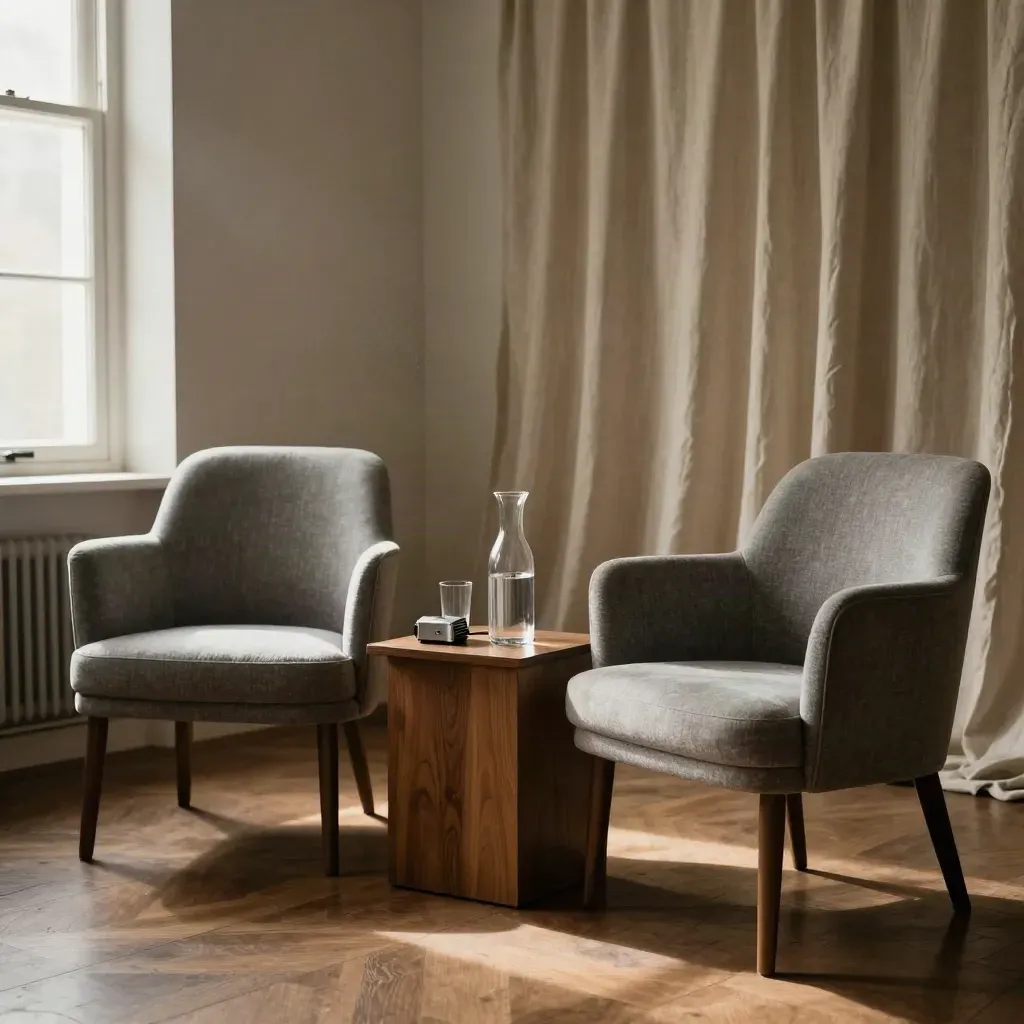 Empty interview set with two chairs, water table, mic receiver, and drape in warm window light