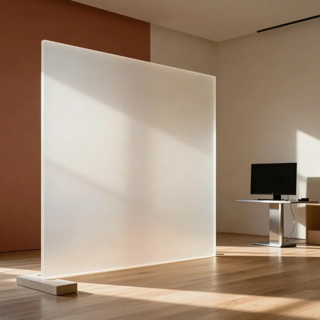 Translucent panel casting light bands on a wall beside a turned-away monitor and floor blocks.