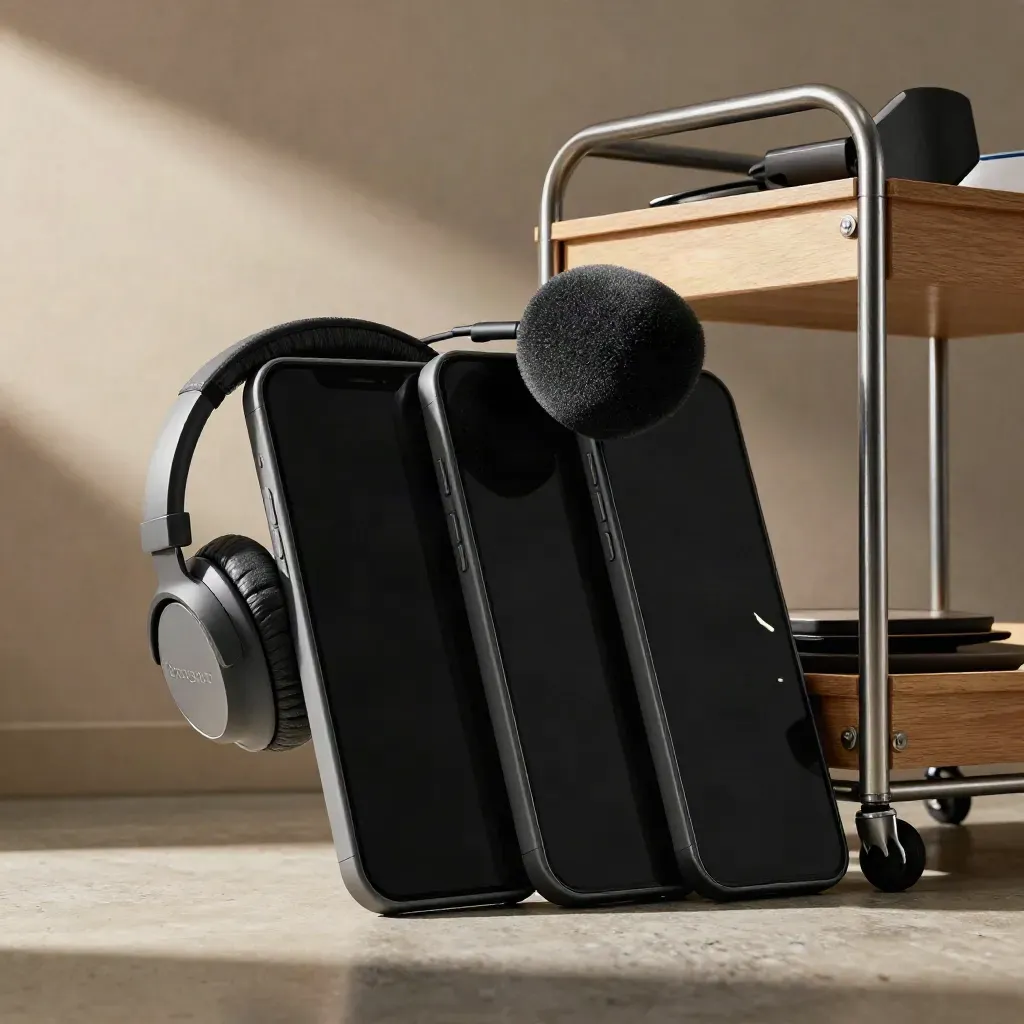 Slate-gray podcast clip pack objects with three phone-shaped frames, headphones, mic windscreen, and utility cart.