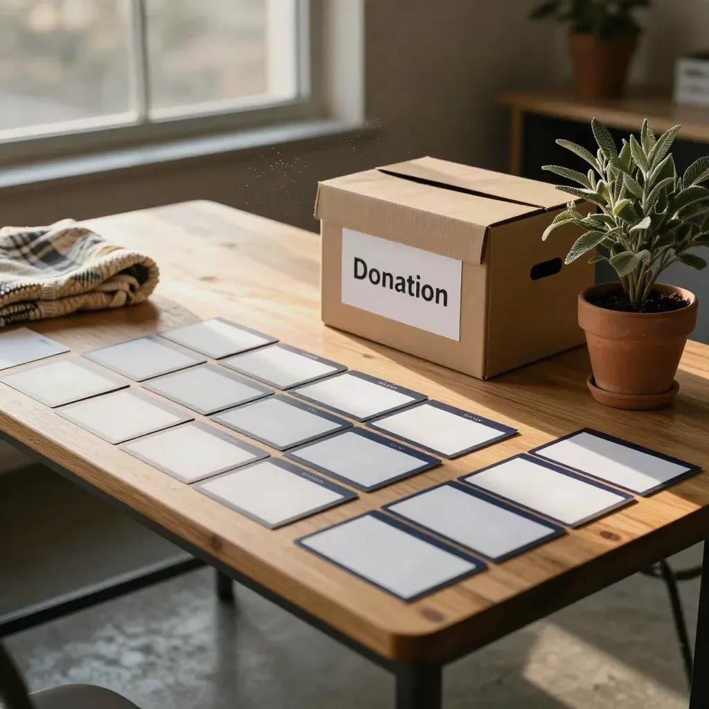 Nonprofit community table with blank cards, donation box, folded blanket and potted plant in warm daylight.