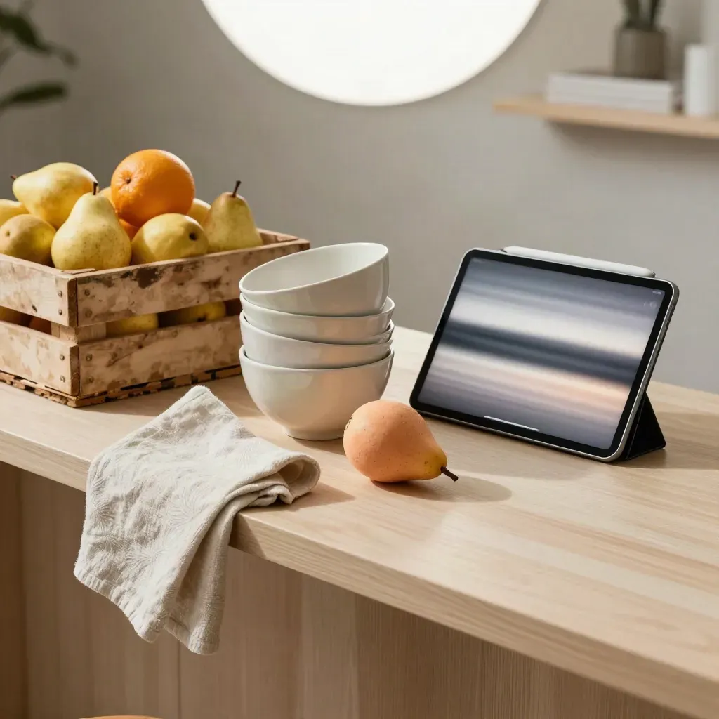 Shop counter with stacked bowls, produce crate, and motion-blurred tablet for a local promo clip.