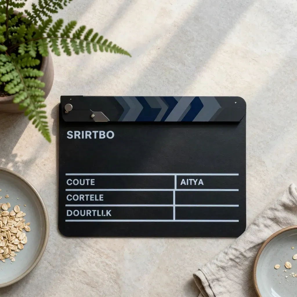 Top-down flatlay of a scene marker slate with fern, linen, and ceramic dish on pale stone.