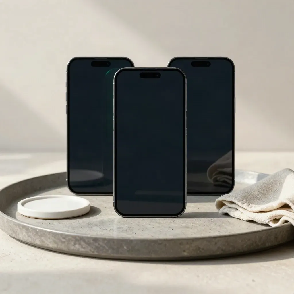 Three dark smartphone mockups on a stone tray with a coaster and folded cloth, soft cyan accents.