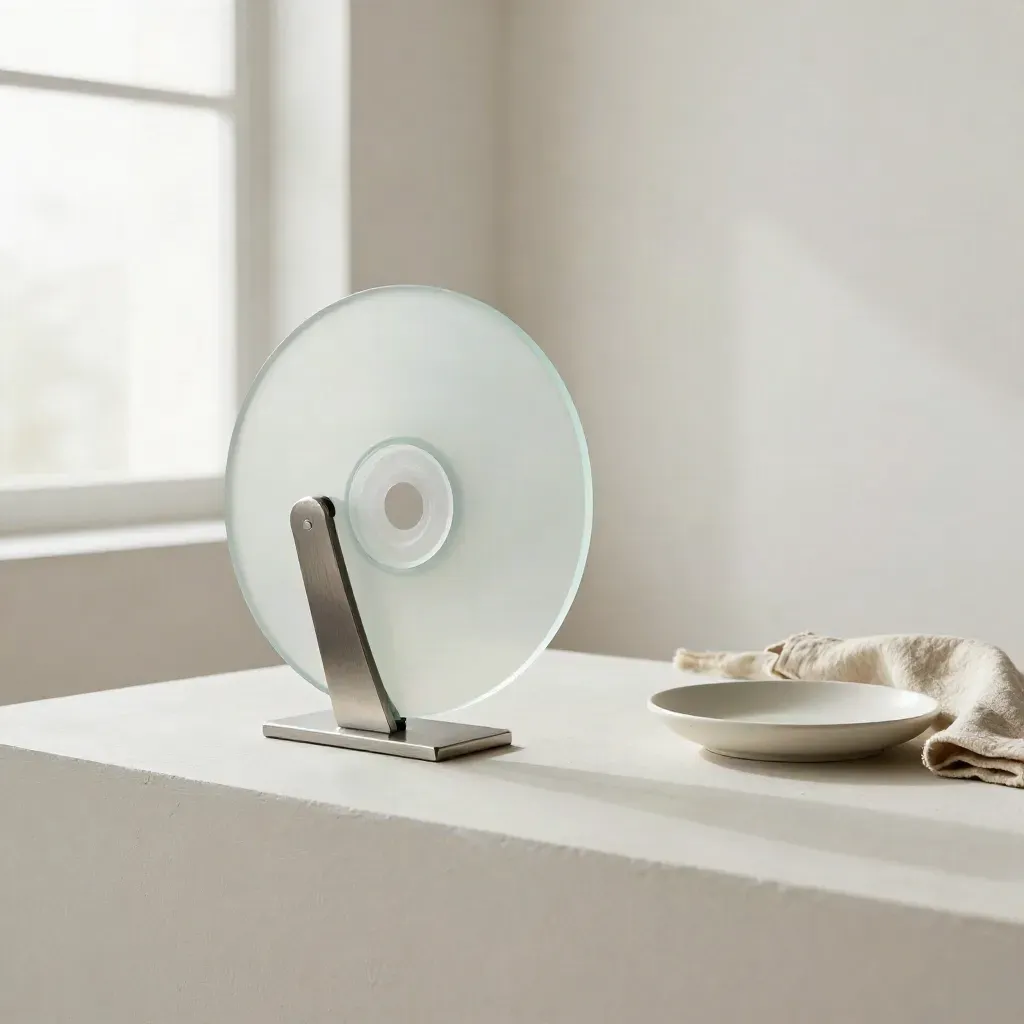 Frosted acrylic motion disc with metal strips on a pale plaster sweep, softly lit.