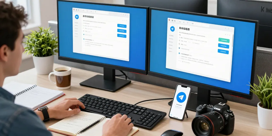 Setting up Telegram Chinese language on a tech workspace with dual monitors and smartphone.