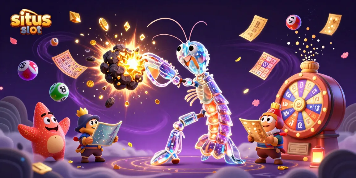 Menangkan kesempatan situs slot dengan ilustrasi samurai mantis berjuang di ruang angkasa, dikelilingi bola lotere