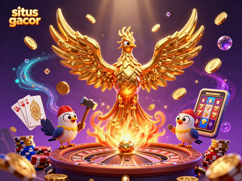 Engage in thrilling gaming at situs gacor with a vibrant illustration of a molten phoenix and dynamic casino elements.