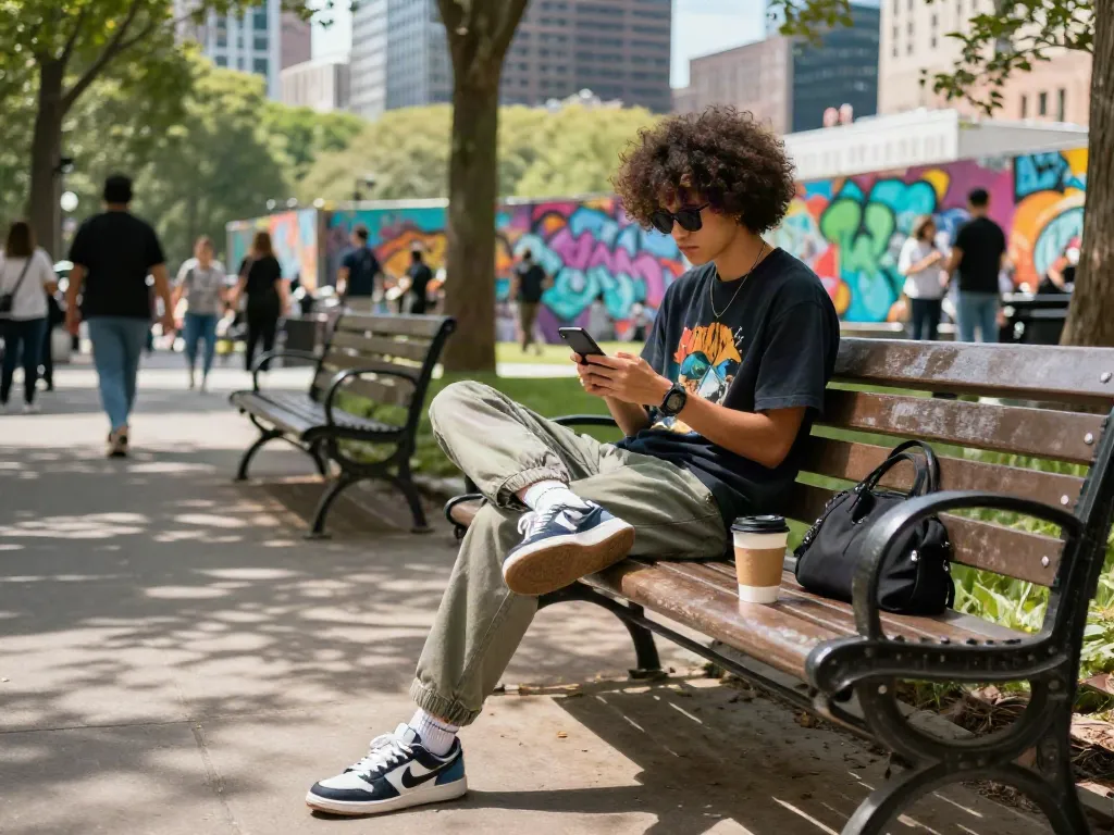 Stylish urban individual enjoying city life with rokok88 graphic tee and coffee.