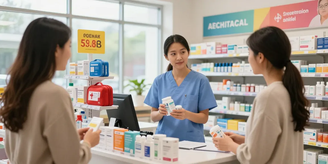 Customer choosing health supplies with staff assistance in a vibrant retail space.